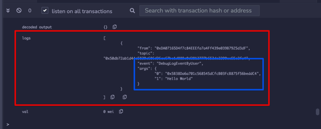 Check "logs" > "event", "args"